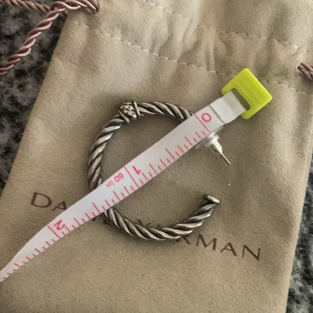 David Yurman Metro Cable Silver Diamond Hoop Earrings - Picture 7 of 8